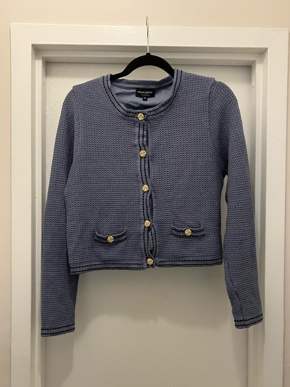 Mayas Place Periwinkle Knit Cropped Cardigan with Gold Buttons